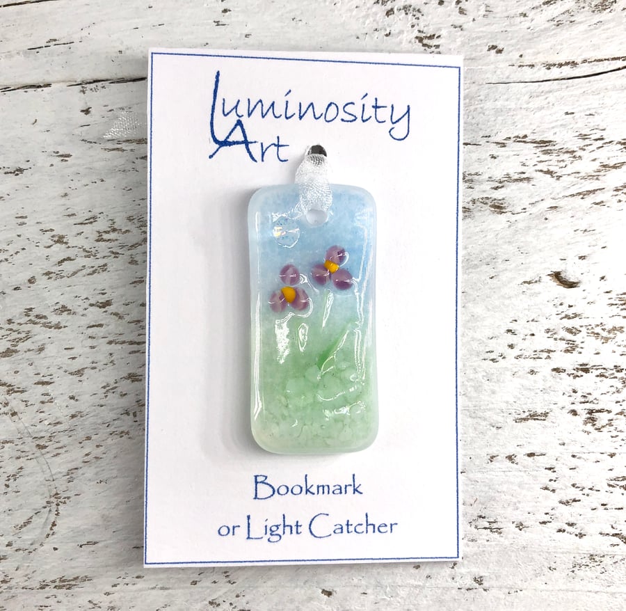 Glass Bookmark or Light Catcher with Pink Flowers