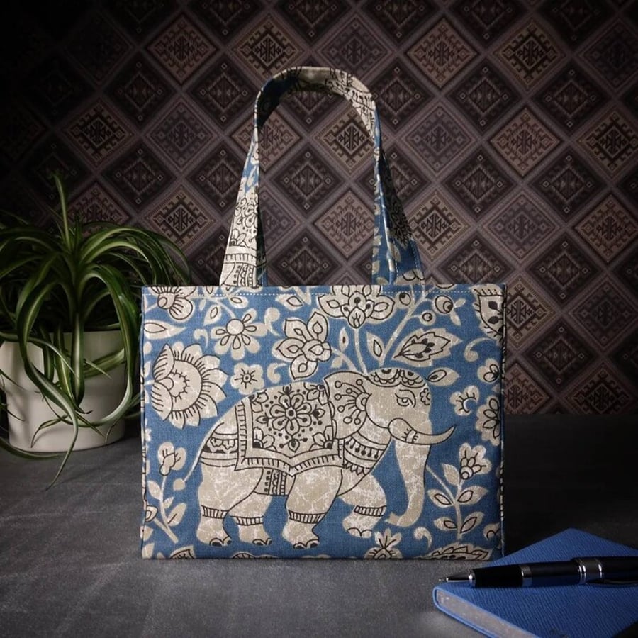 Mini Fabric Tote Bag - Elephants on Blue
