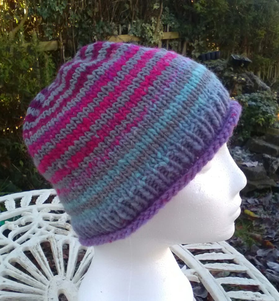 Handknit Noro Roll up Beanie Hat 100% wool Pink Blue Grey Medium