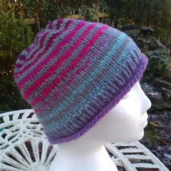 Handknit Noro Roll up Beanie Hat 100% wool Pink Blue Grey Medium