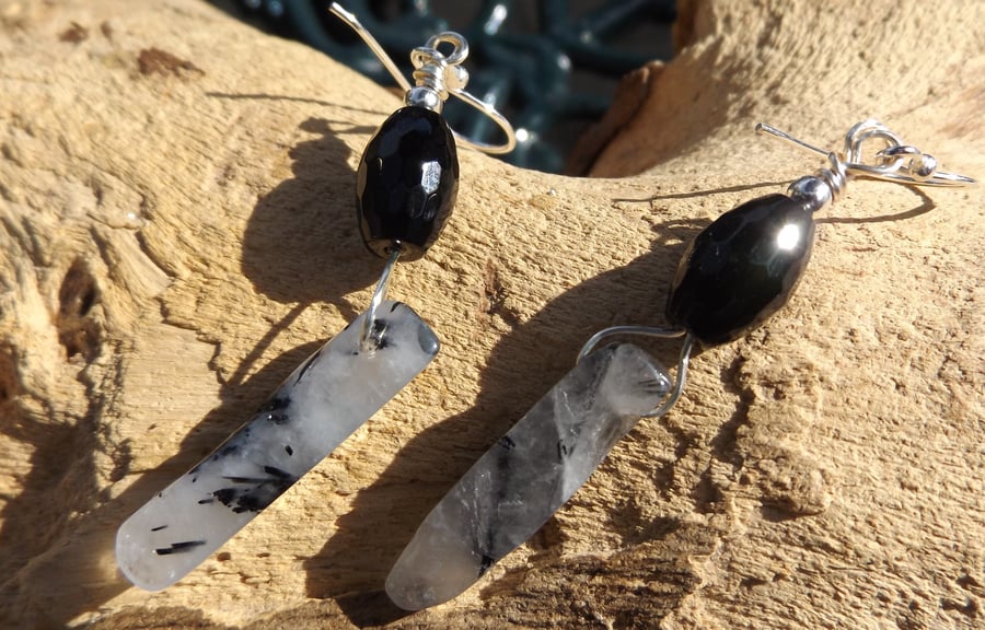 Black rutile quartz earrings with black agate