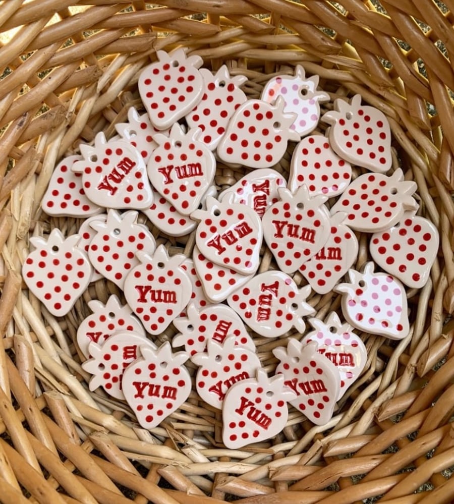 Handmade Ceramic Strawberry Tags. Set of 2. 