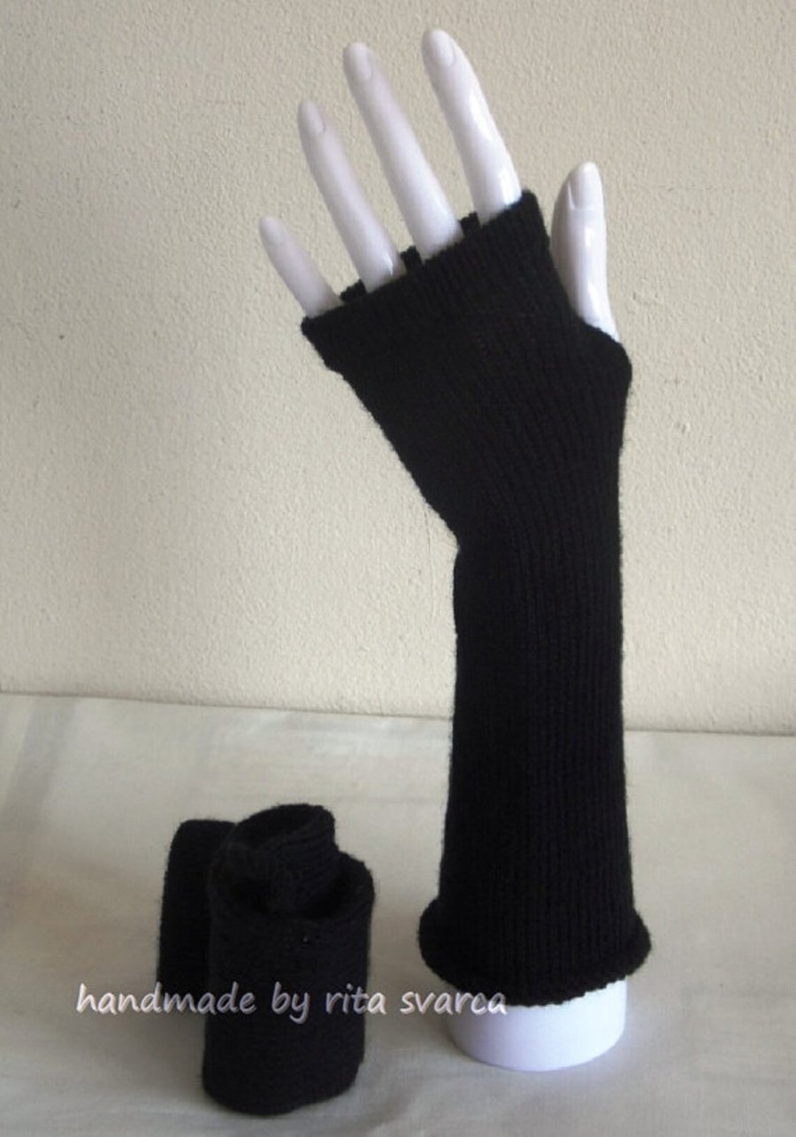 Handmade black wrist warmers for women, hand warmers, fingerless gloves