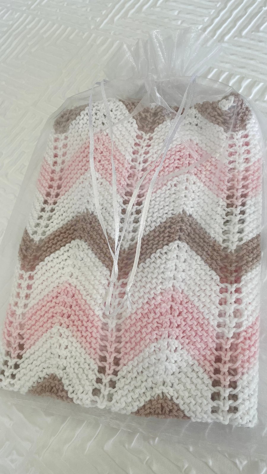 Pink, taupe and white striped baby blanket in 100% cotton 