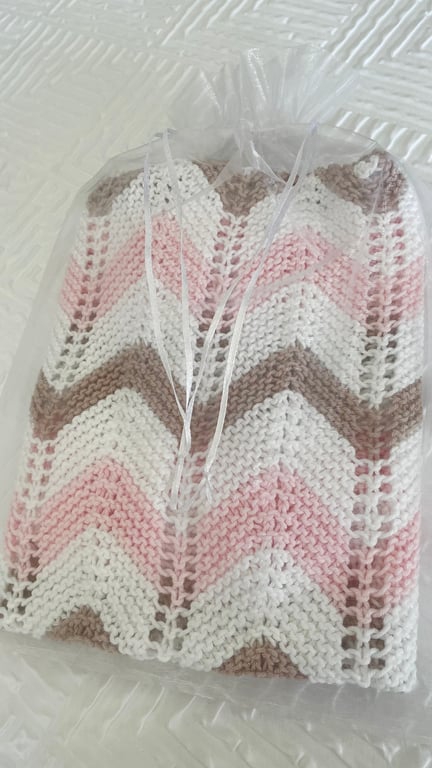 Pink, taupe and white striped baby blanket in 100% cotton 