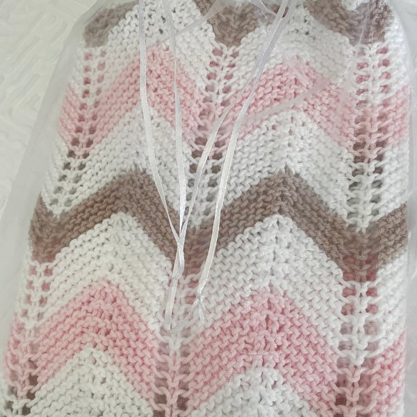 Pink, taupe and white striped baby blanket in 100% cotton 