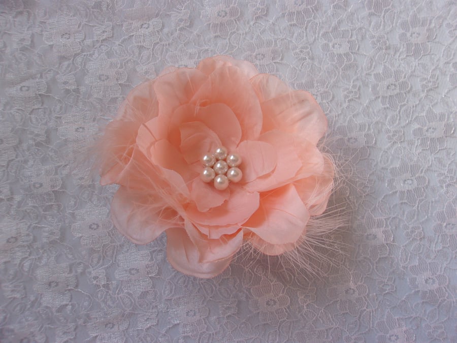 Bright Peach Rose & Feather Hair Clip Retro Boho Vintage Prom Accessory