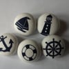 White Navy Nautical fabric covered buttons anchor boat lighthouse life preserver
