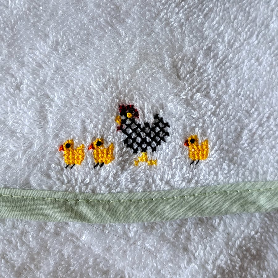Hooded Baby Towel, hen and chicks, hand embroidered,