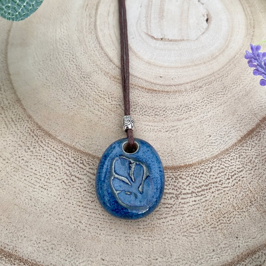 Handmade Ceramic Blue Sprig Pendant Necklace 