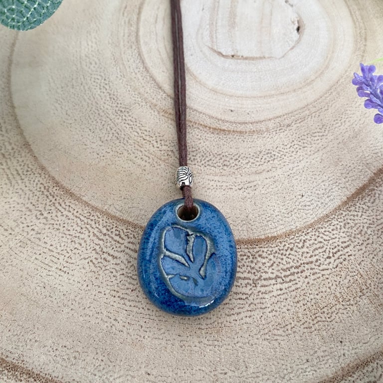 Handmade Ceramic Blue Sprig Pendant Necklace 