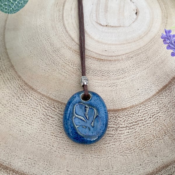 Handmade Ceramic Blue Sprig Pendant Necklace 