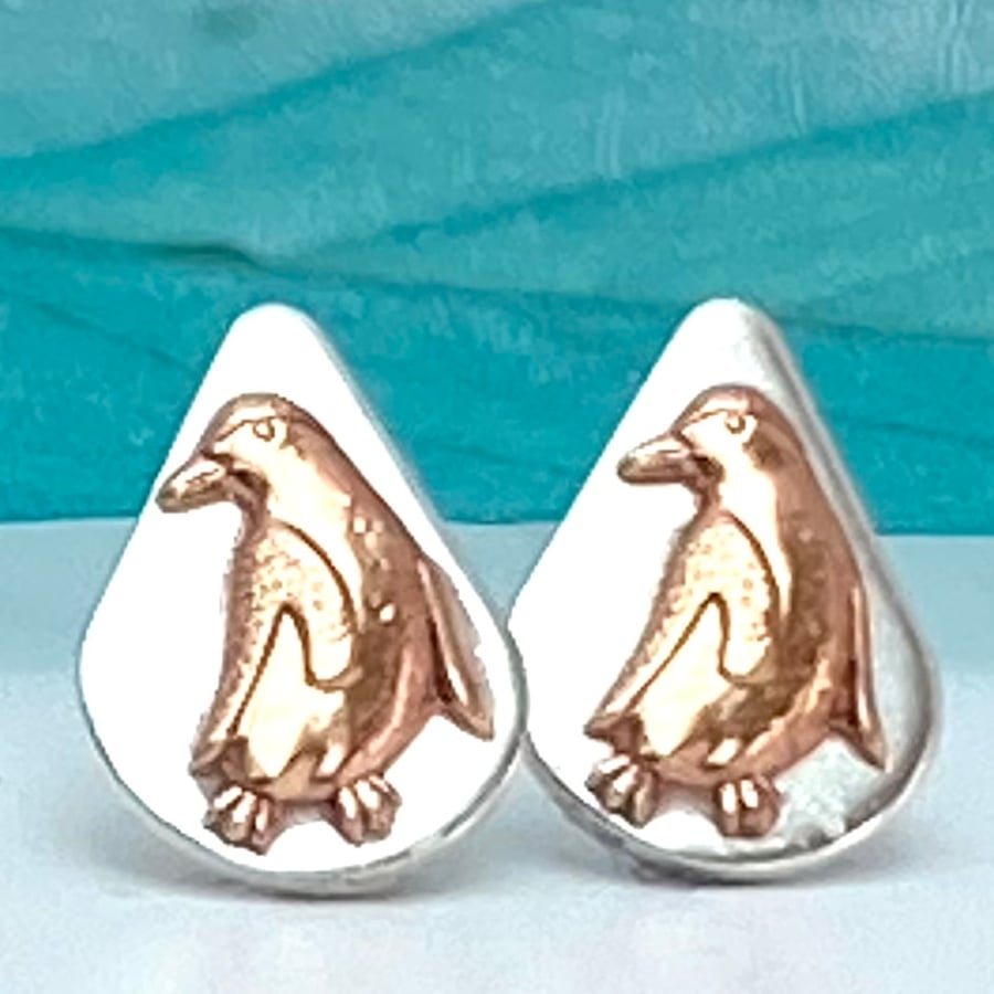 Penguin Silver and Bronze Stud Earrings - silver, handmade Adult,  post earrings