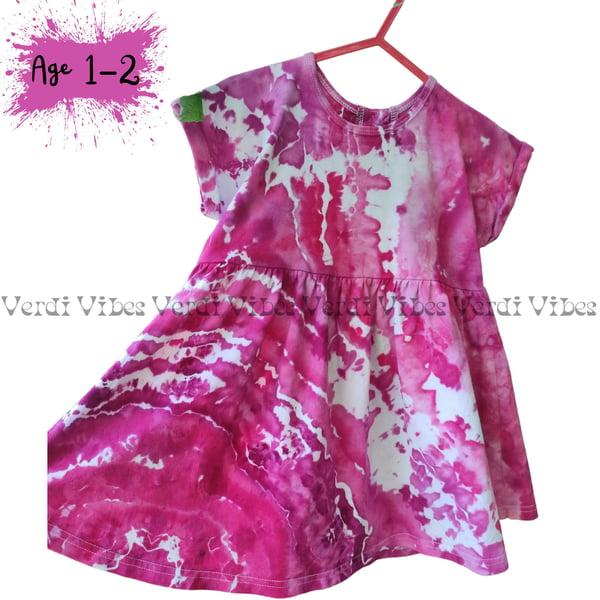 Cotton dress, age 1-2, ice dyed in shades of pink.