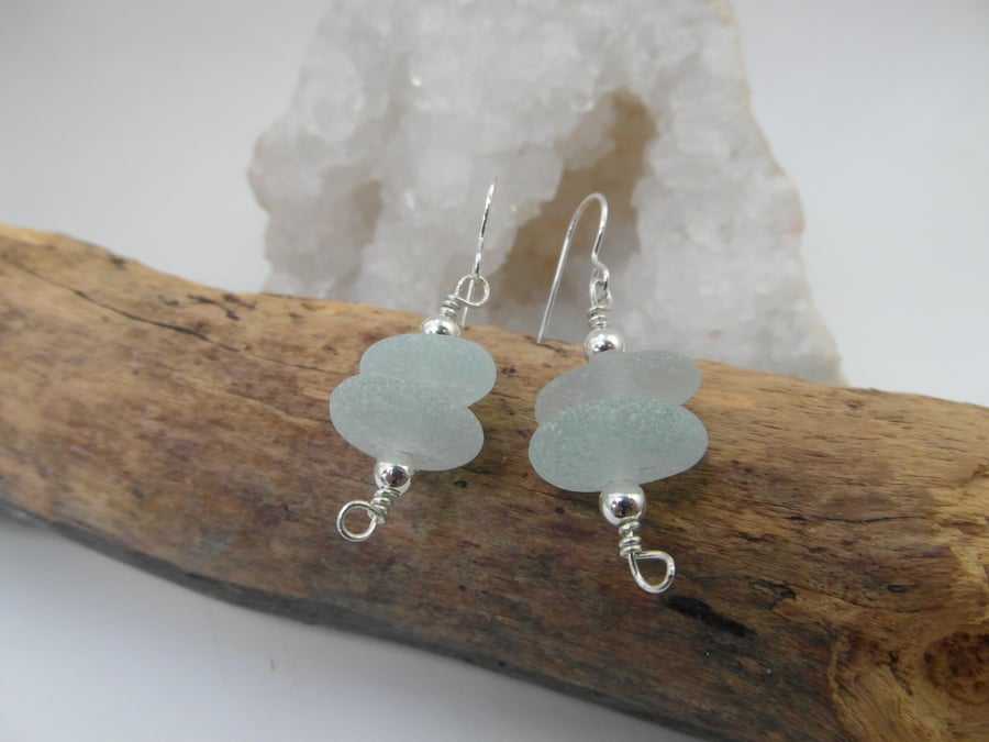 Chunky Seafoam Cornish Sea Glass Stack Earrings, Sterling Silver E517