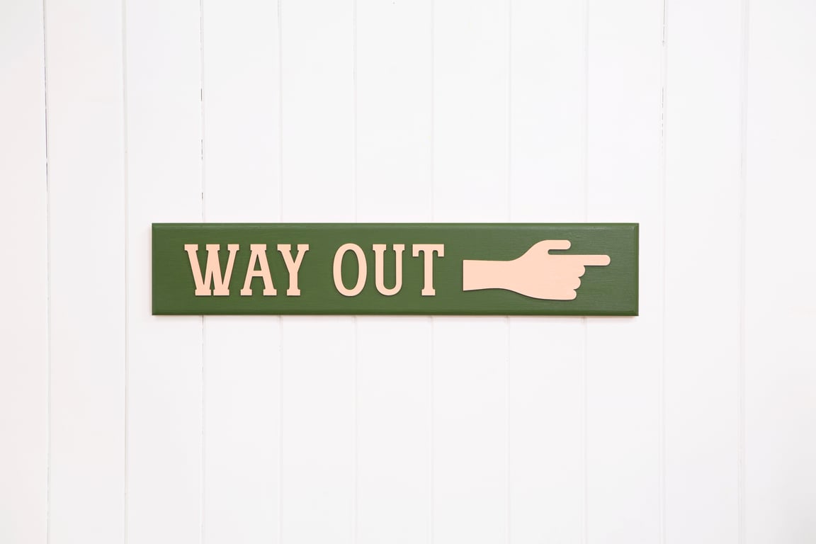 WOODEN TYPOGRAPHIC SIGN: WAY OUT - FOREST GREEN