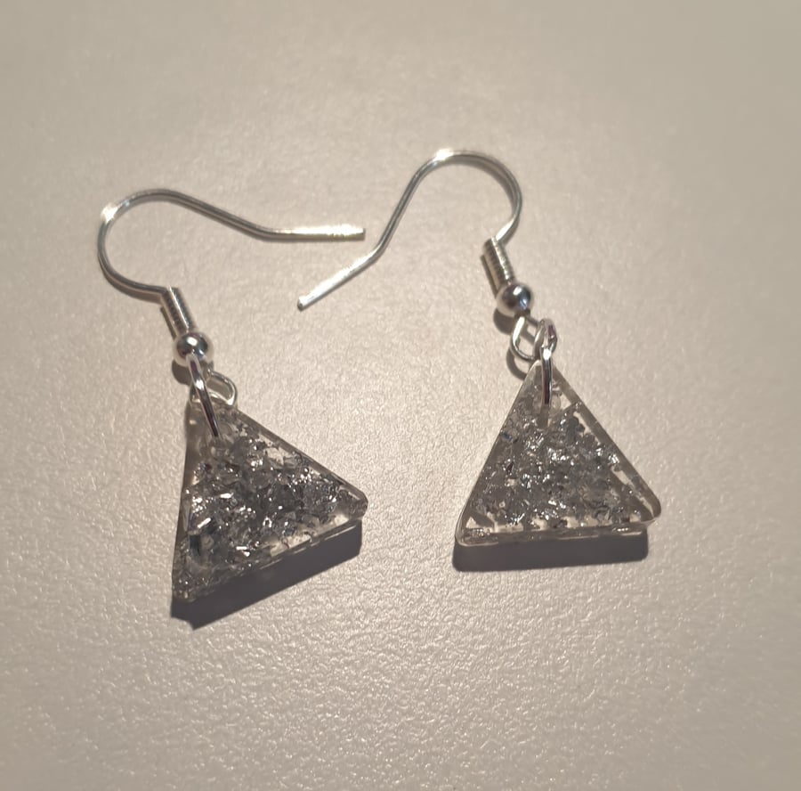 Triangle silver metallic flakes resin earrings