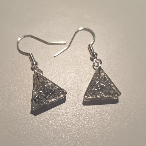 Triangle silver metallic flakes resin earrings