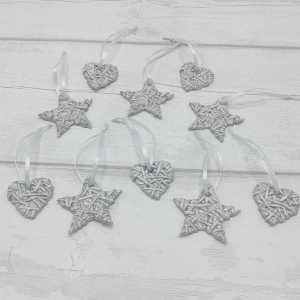 Wicker hearts and stars ceramic decorations. Set of 10 silver decorations.