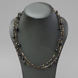 Black and Gold Twisted Pearl Necklace - Black Onyx Multi Strand Necklaces
