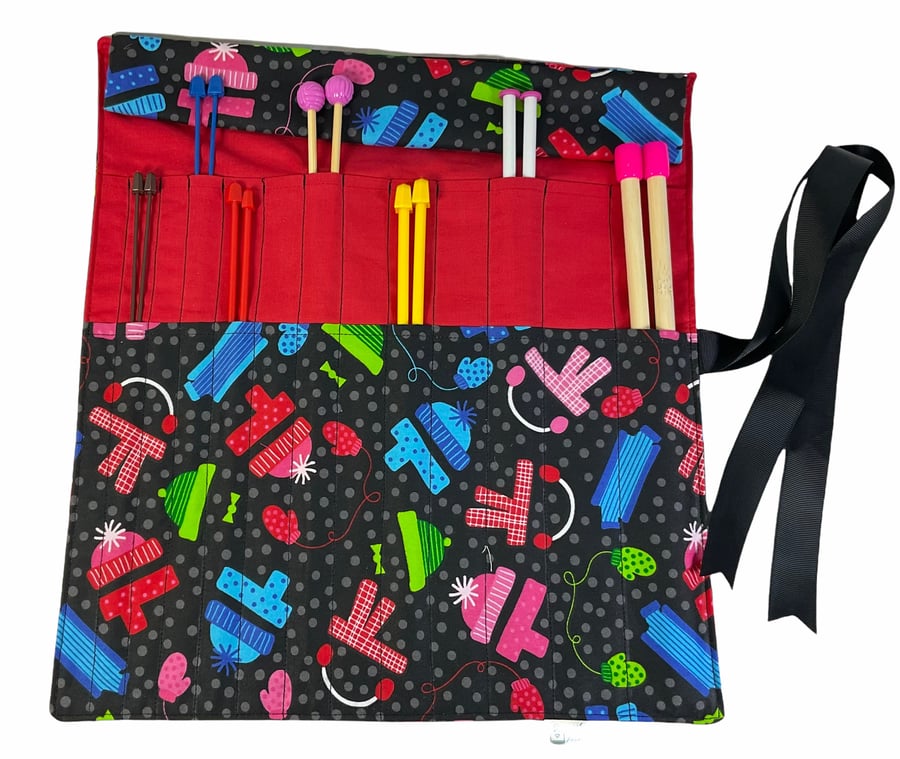 Straight knitting needle case with mittens, hats and scarf, knitting storage cas