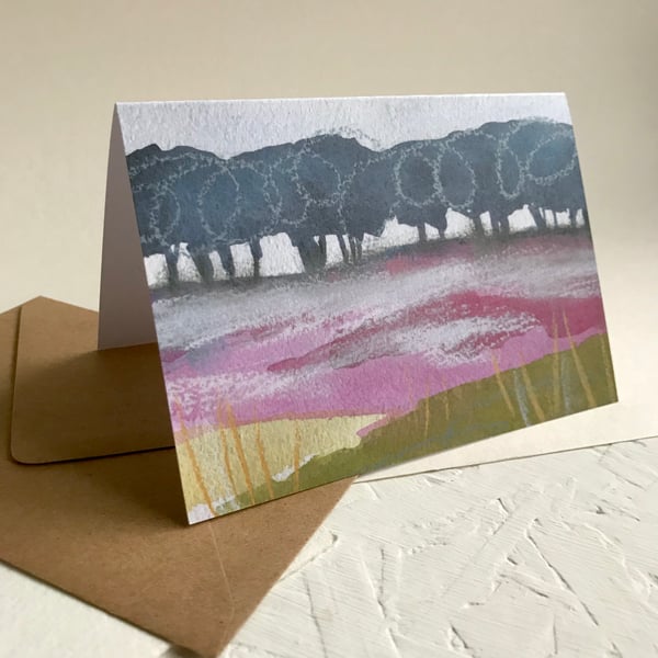 Heather and Birch Trees, Froggatt - Peak District art greetings card