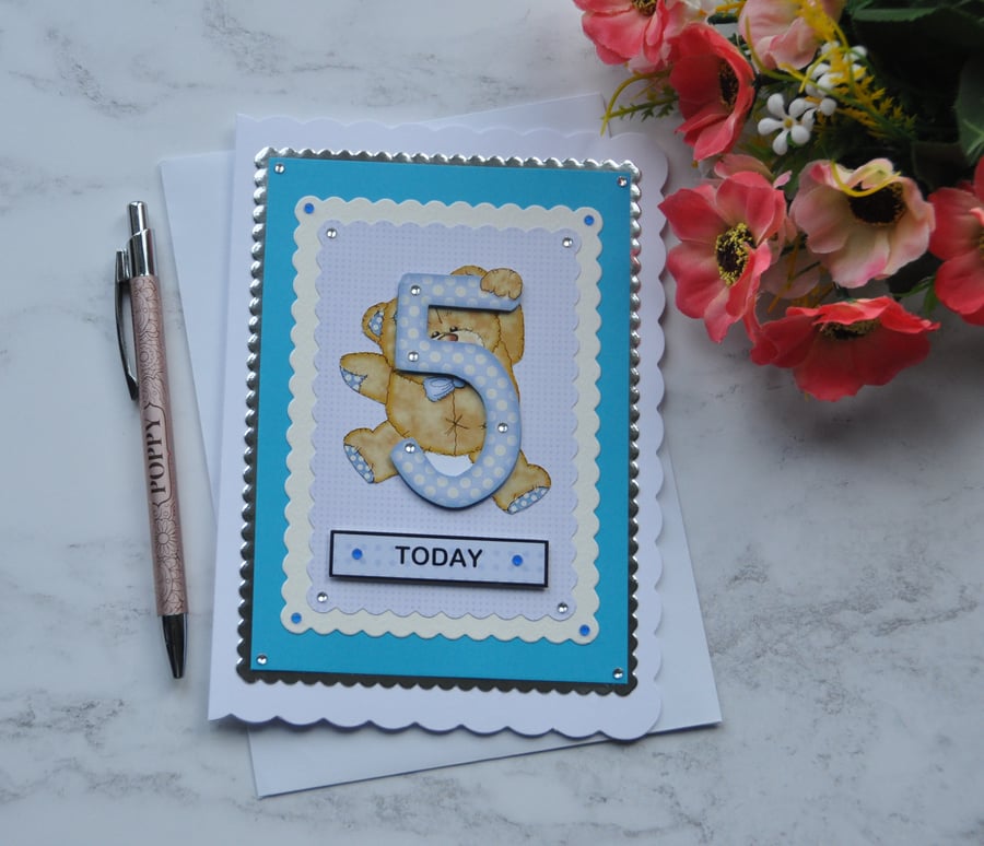 Birthday Card 5 Today Boy Teddy Bear Blue White Polka Dots 3D Luxury Handmade