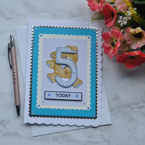 Birthday Card 5 Today Boy Teddy Bear Blue White Polka Dots 3D Luxury Handmade