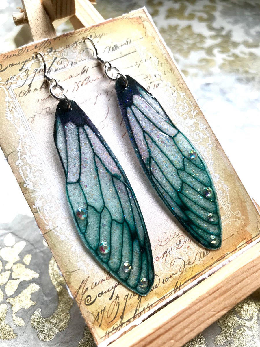 Large Aurora Borealis Green Fairy Wing Sterling Silver Earrings
