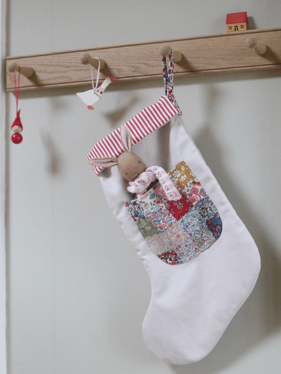 1 Heirloom Christmas Stocking - Liberty Patchwork Pocket and bunny