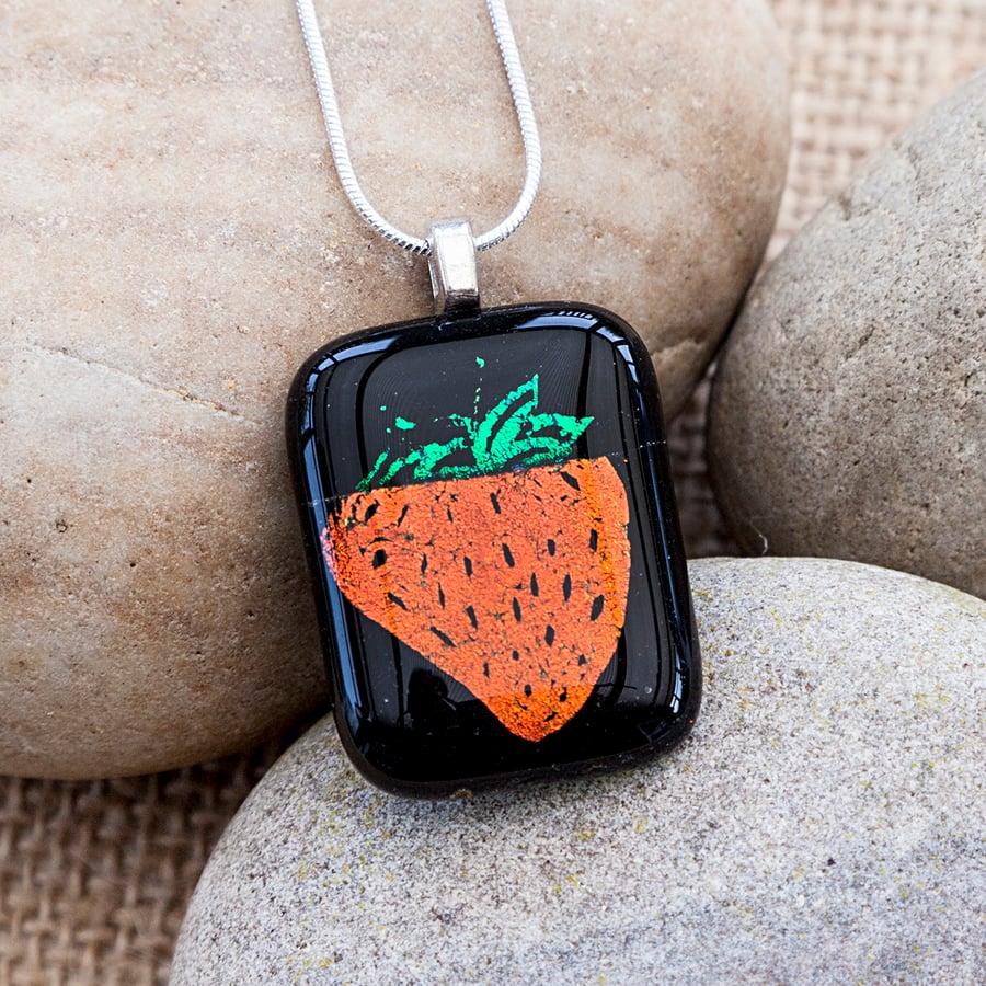 Red Strawberry Necklace Etched Dichroic Fused Glass Strawberry Pendant