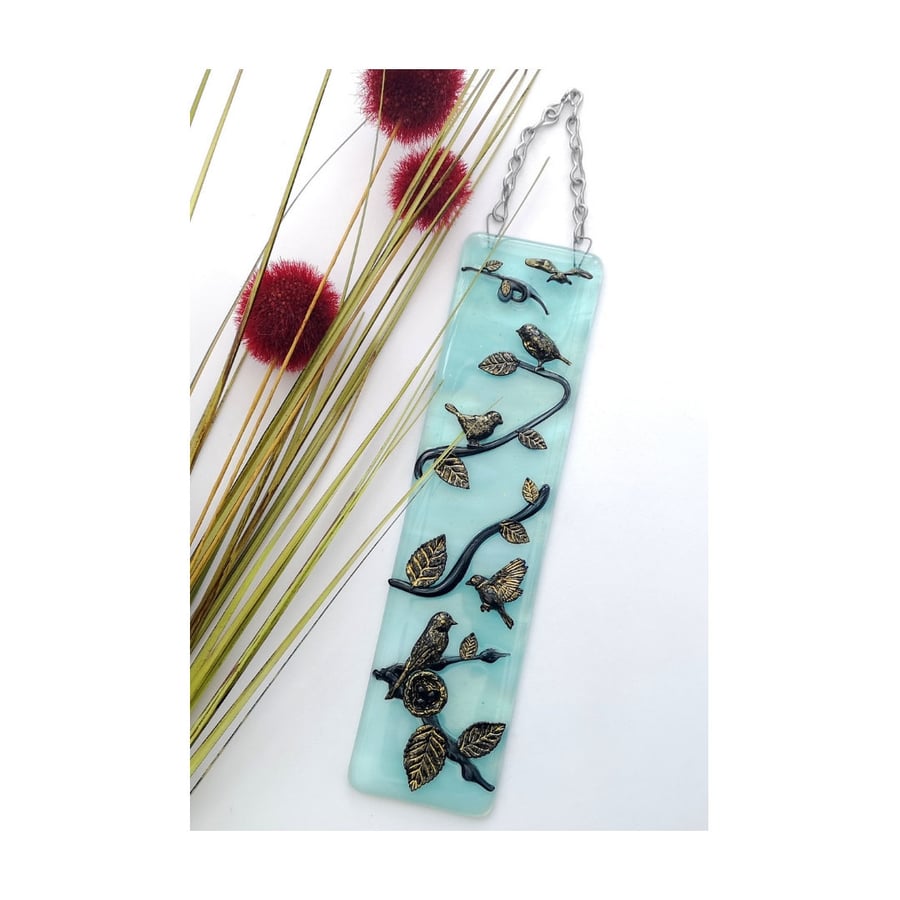 Handmade Fused Glass 3D Birds Hanging Picture - Suncatcher - Bird Wall Art