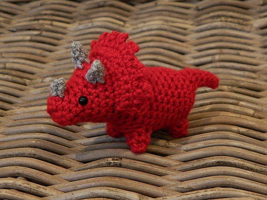 John the tiny Triceratops toy dinosaur, rainbow pocket dinos crochet plush