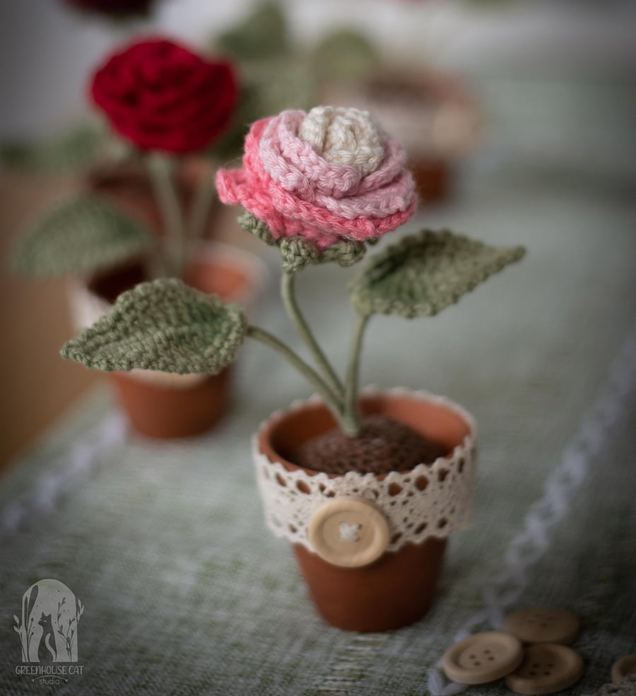 Misty Pink Ombre Crochet Rose in a small Terracotta Pot