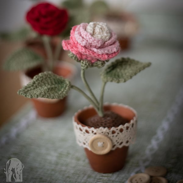 Misty Pink Ombre Crochet Rose in a small Terracotta Pot