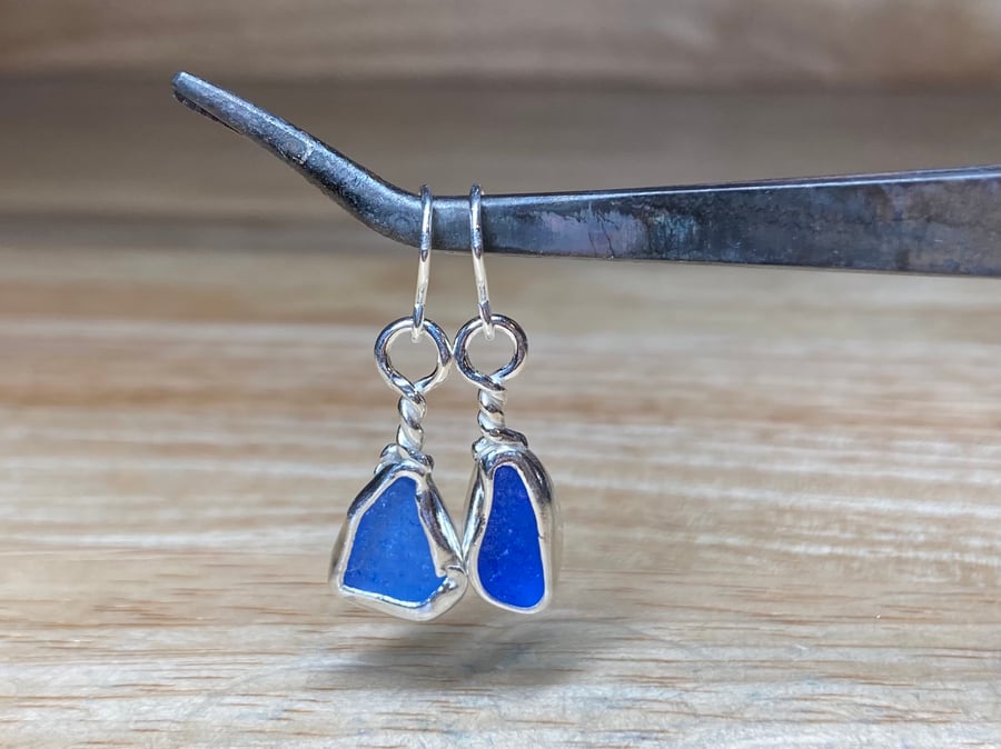 Handmade Sterling & Fine Silver Dangle Earrings with Cobalt Blue Welsh Sea-glass