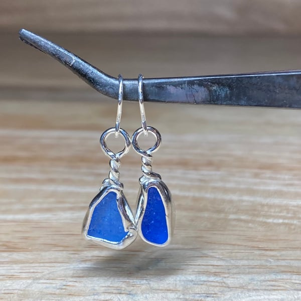 Handmade Sterling & Fine Silver Dangle Earrings with Cobalt Blue Welsh Sea-glass
