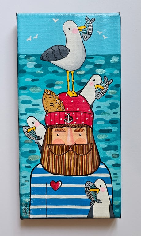 Handpainted canvas of a cornish fisherman with a cornish seagull on its head.