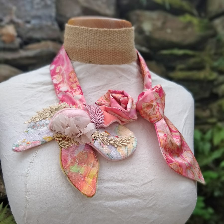 Pink floral satin necklace