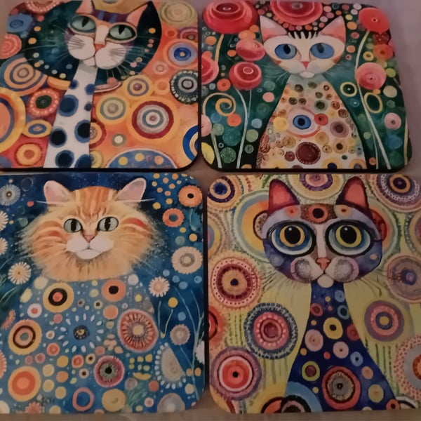 9cm square coaster - funky cat - sublimated