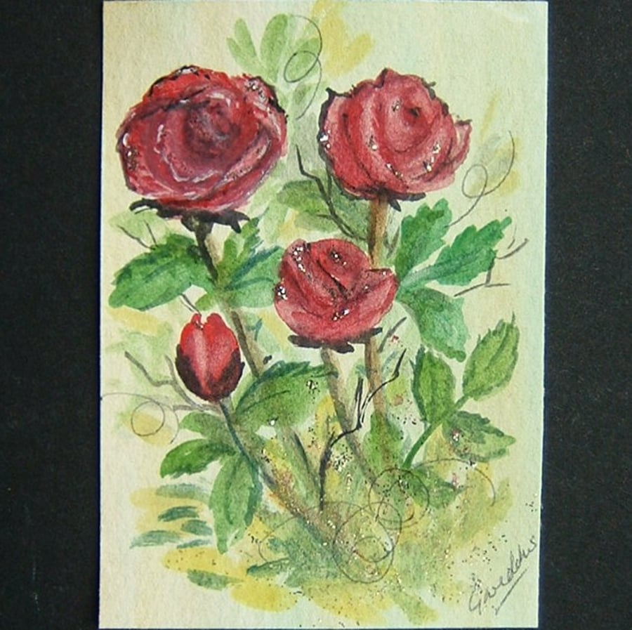 flowers roses floral original art painting watercolour aceo ref 61