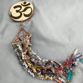 Wooden Om Hanging Ornament with Gemstones, Indoor Wind Chime