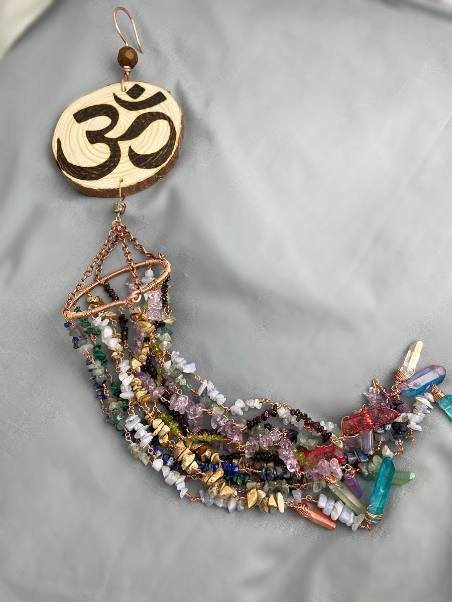 Wooden Om Hanging Ornament with Gemstones, Indoor Wind Chime