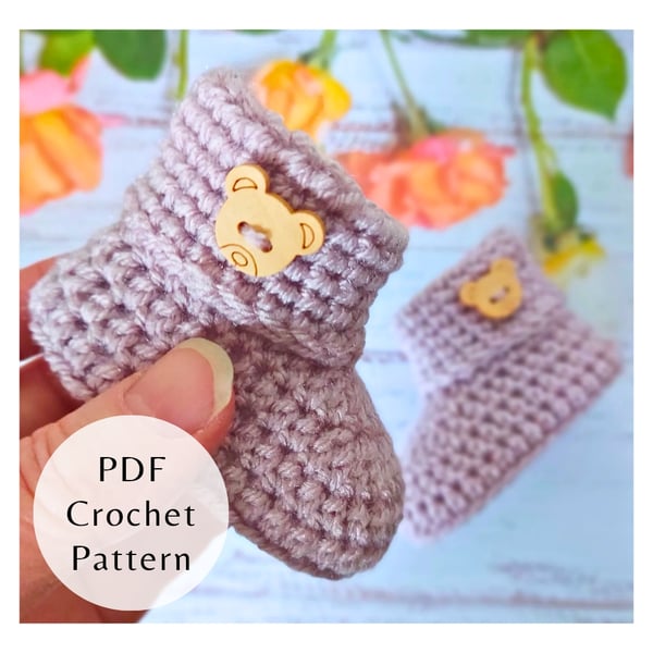 Button Baby Booties Crochet Pattern PDF – 3 Sizes – UK & US Terms