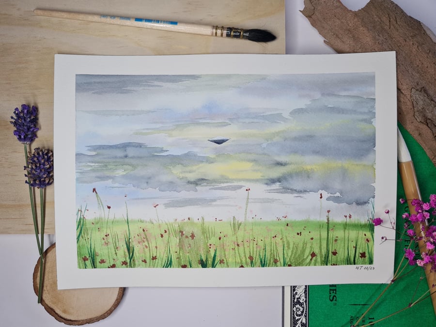 Original watercolour painting, stormy UFO landscape art