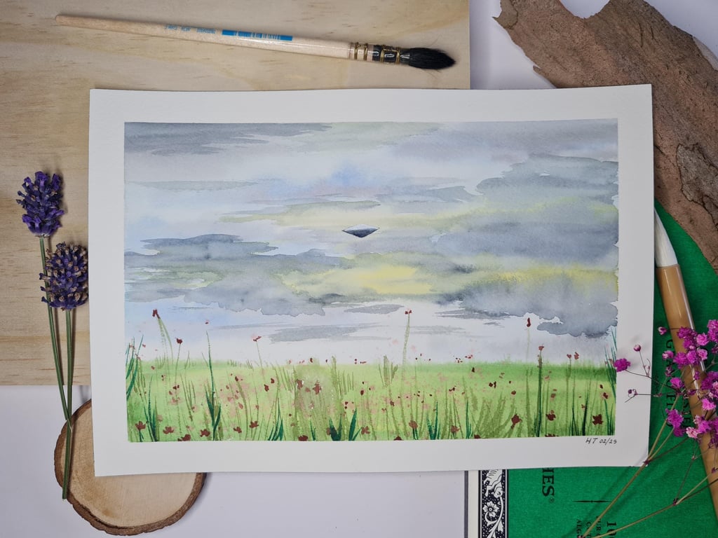 Original watercolour painting, stormy UFO landscape art