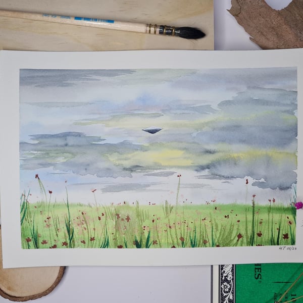 Original watercolour painting, stormy UFO landscape art