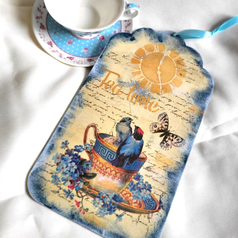 Large Tea Bag Wall Sign,Blue Bird & Flowers Decoupage Decor,Kitchen Wall art