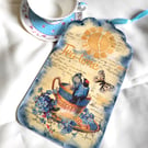 Large Tea Bag Wall Sign,Blue Bird & Flowers Decoupage Decor,Kitchen Wall art