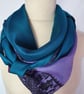 Vintage sari silk double sided triangular scarf. Turquoise Lilac Black - Image 2